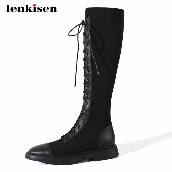 

lenkisen мотоциклетных сапоги из натуральной кожи смешанной ткани крест-связанных круглый носок толстого каблука меда молнии молодой леди ко, Black