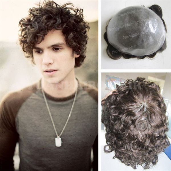 

fashion 8a grade 6inch dark brown virgin indian hair curly thin skin toupee for men designer wig, Black