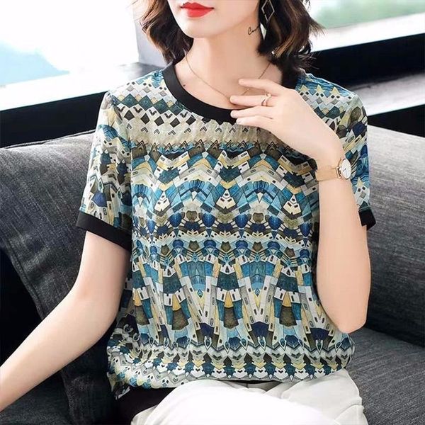 

fashionable women's summer style elegant blouses new women's short sleeve o-neck printting casual df32301, White