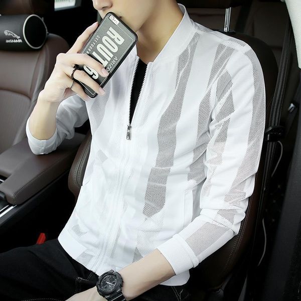 

2020 new mesh stripe sun protection clothing trend summer men's skin clothing solid color wild jacket, Black;brown