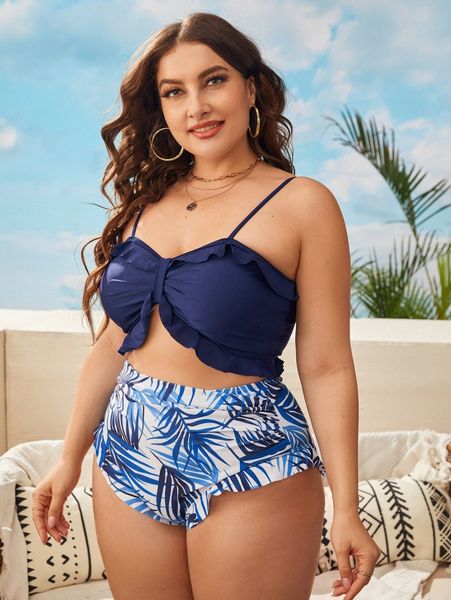 

plus plant print ruffle trim bikini swimsuit 38f5#, Black