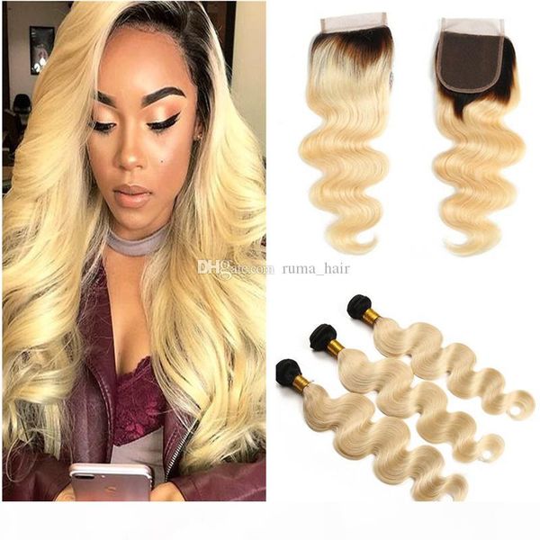 

blonde ombre hair weaves with lace closure brazilian virgin human hair bundles 3pcs with lace closure ombre 613 body wave lace closure, Black;brown