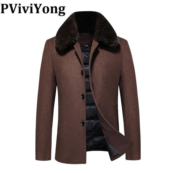 

pviviyong 2020 winter wool trench coat men,detachable down jacket liner fur collar parka plus size m-6xl w803, Black