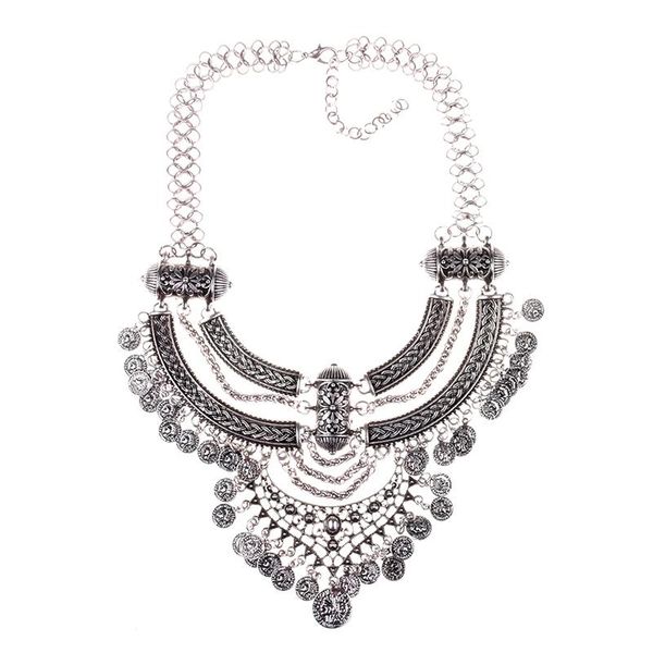 

chokers boho big choker necklace women inlaid carving jewelry vintage necklaces metal chain coin pendant statement, Golden;silver