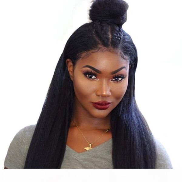 

full lace glueless human hair wig yaki for black women virgin brazilian lace front light yaki human hair wigs baby hair, Black;brown
