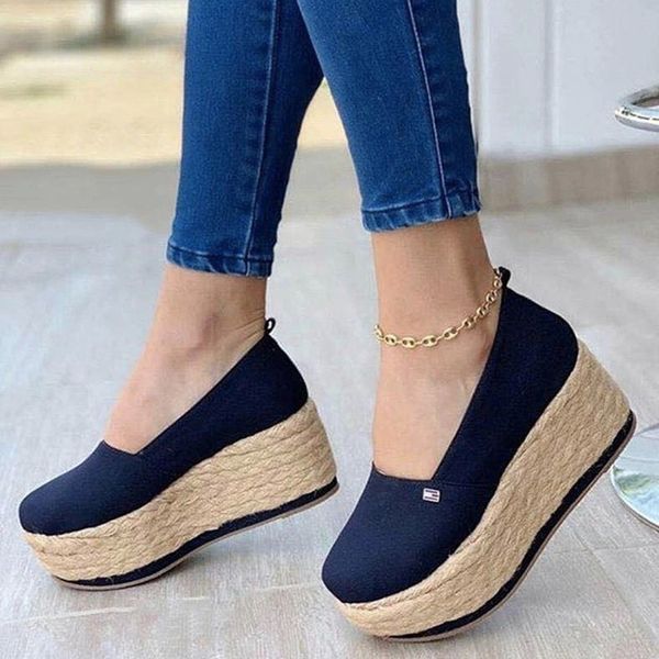

plus size women platform loafers cotton slip on shoes canvas casual shoes thick sole pump wedge ladies shoe zapatos mujer 8668n #1q2l, Black