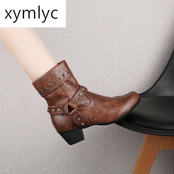 

new 2020 winter women boots square heel 5cm leather retro rivet block high heels ankle boots plus size botas mujer, Black