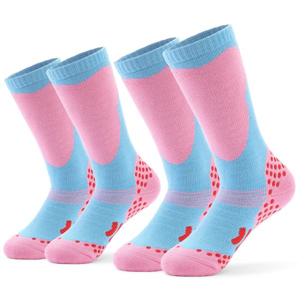 

2 pairs children sports professional socks kids thick knit winter athletic knee-high stockings for ski running, Red;black