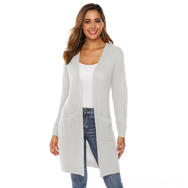 

asfe9 осеннего цвет 2019 сплошного цвета большого среднего кардигана твердого длинный женщина осень зима 2019 зима карман большой карман сви, White;black