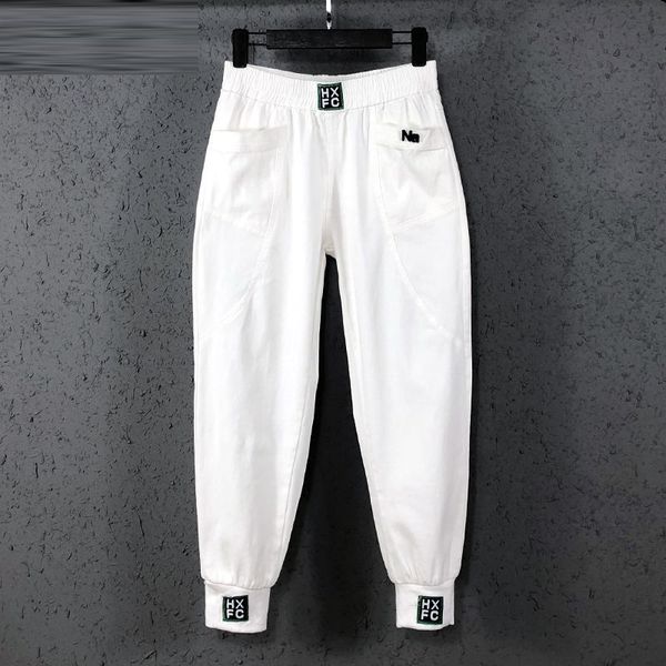 

new arrival spring summer korea fashion women elastic waist loose white jeans all-matched casual cotton denim harem pants lj201125, Black;white
