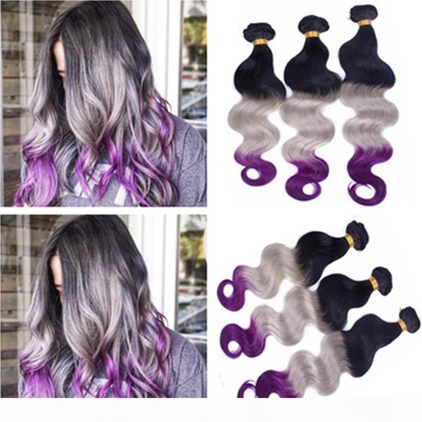 

body wave 1b grey purple ombre human hair weave bundles 3pcs dark roots grey purple 3tone ombre malaysian human hair wefts mixed length, Black