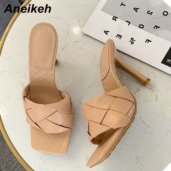 

aneikeh new mules women slipper 2020 summer square toe high heel ladies sandal weave stiletto dress shoes slides x1020, Black