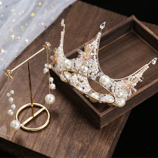 

bridal headdress new baroque pearl knot wedding dress hair ornament banquet princess round crown accessories, Silver