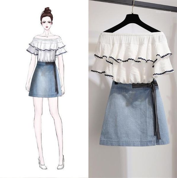 

summer new new women sister covered meat accept waist chiffon blouse & denim belly skirt 2 pcs clothing set casual outf1, White