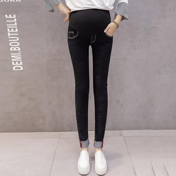 

autumn pregnant women jeans ankle-length high waist maternity pencil pants slim hips pregnancy belly denim trousers cotton pants, White