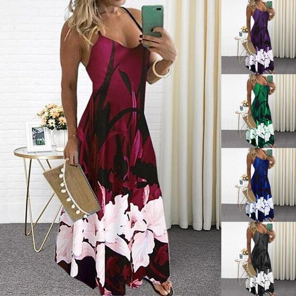 

s-5xl summer casual women maxi dress robe floral printed long dress sleeveless v-neck plus size women loose vestidos, Black;gray