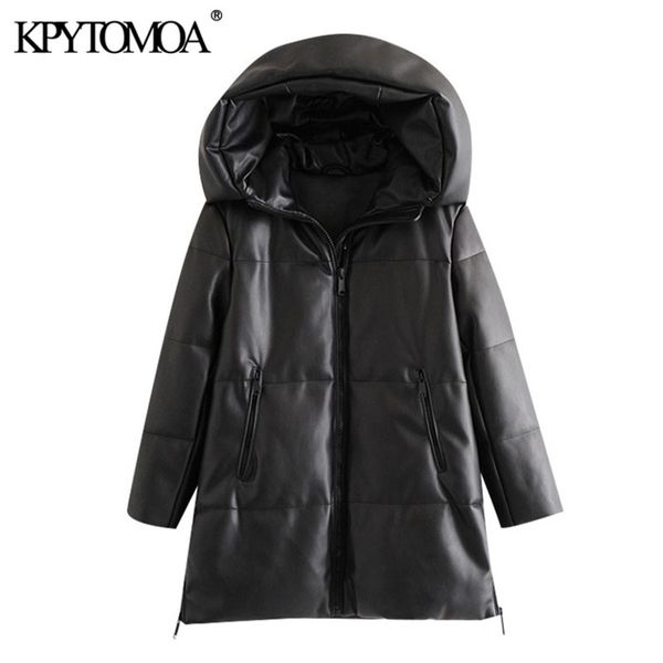 

kpytomoa women fashion thick warm winter faux leather parkas coat vintage hooded long sleeve female outerwear chic overcoat 201110, Black