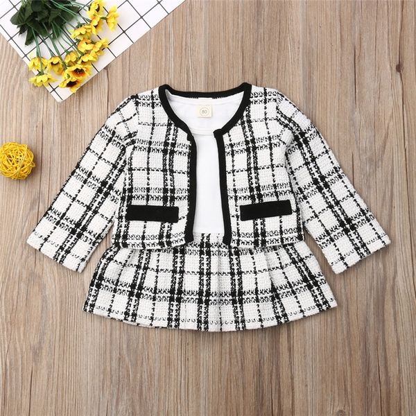 

fashion 1-6y baby girls clothes sets elegant long sleeve plaid coat +dress 2pcs party warm outfit girl clothes y200325, White