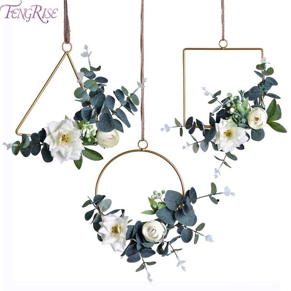 

fengrise nordic style geometric metal hoop wreath artificial flower garland frame wedding decoration birthday party wall hanging