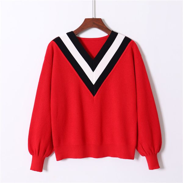 

2021 new v neck striped knitwear lantern sleeve winter women sweaters thick warm short style campus girls pullovers pull xobe, White;black