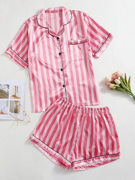 

plus striped contrast binding pj set g1ju#, Black;white