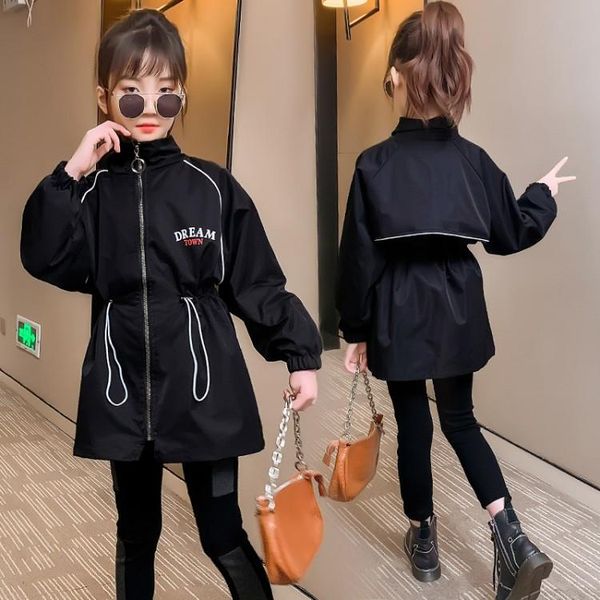 

girl coat drawstring leisure black jackets kids baby autumn winter trench coats long childrens clothes casual windbreaker, Blue;gray