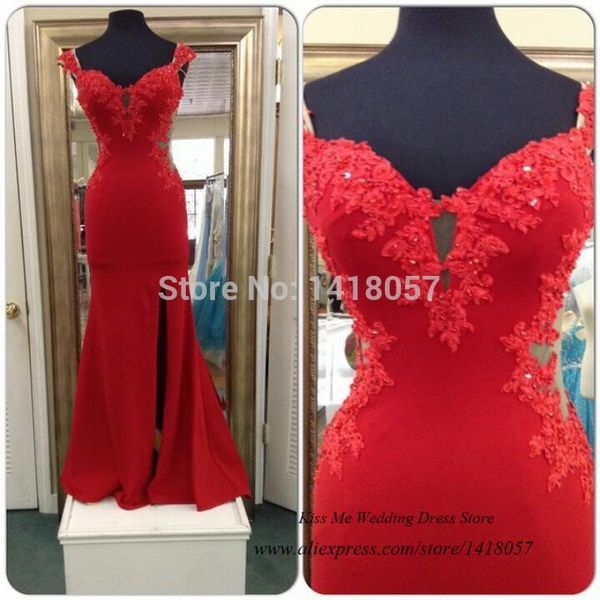 

real sample long evening dresses lace beads cap sleeve 2015 red mermaid prom dress chiffon slit vestido de baile avondjurk1, White;black
