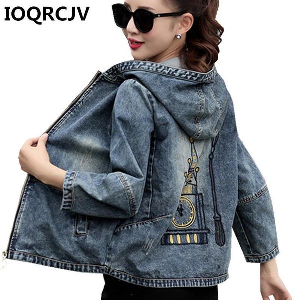 

2021 spring autumn vintage jeans jacket women embroidery long sleeve hooded bomber jackets female casual short denim jacket r677, Black;brown