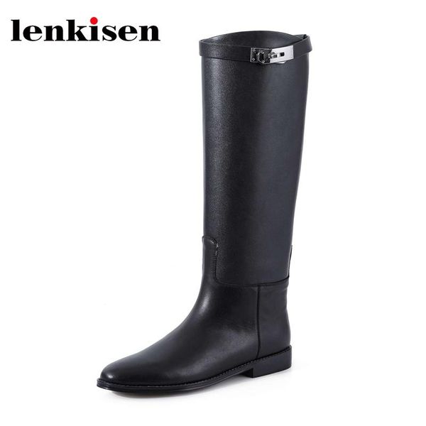 

lenkisen genuine leather round toe low heel western boots beauty lady daily wear high street fashion solid knee-high boots l30, Black