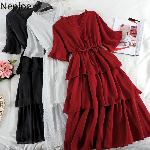 

casual dresses neploe chiffon women dress flare short sleeve v-neck midi 2021 summer lace up waist layered ruffle vestidos femme 4a7311, Black;gray