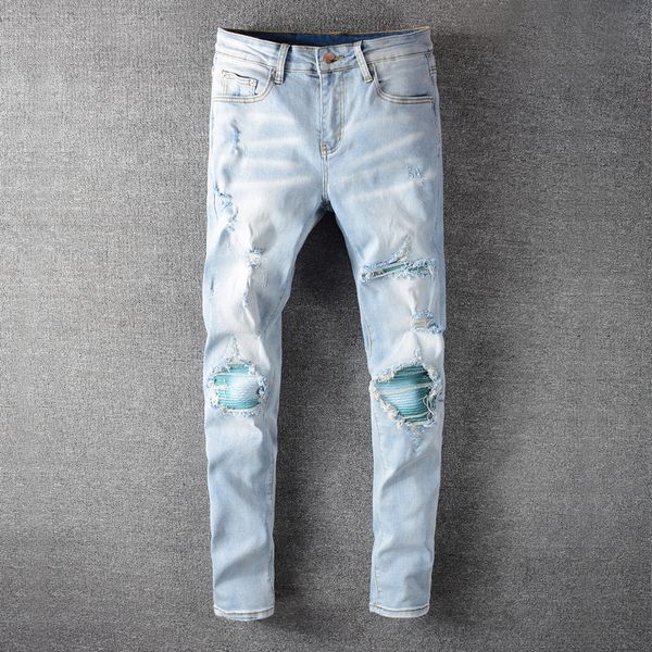

2021 new fashion streetwear light blue slim fit elastic ripped men punk pants patchwork hip hop jeans homme lbst
