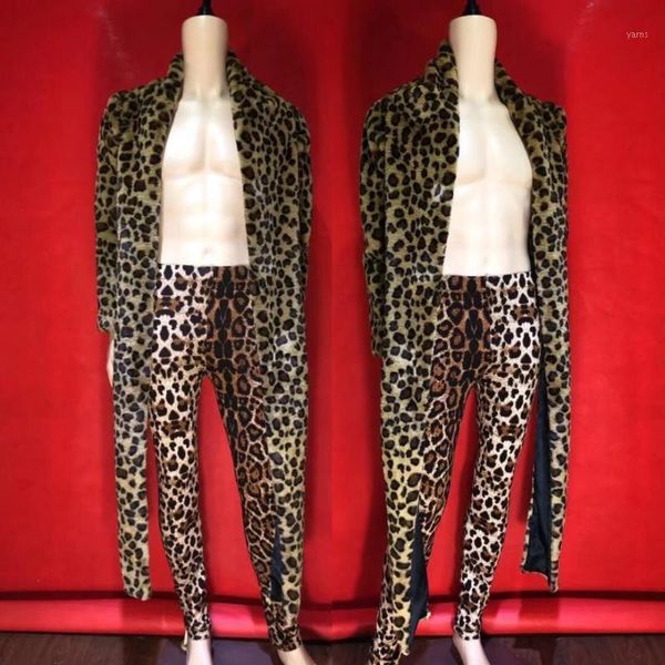 

fashion leopard fur winter unique jacket pants men dance bar clothes men singer evening wear prom costume outfit set1, Black;red