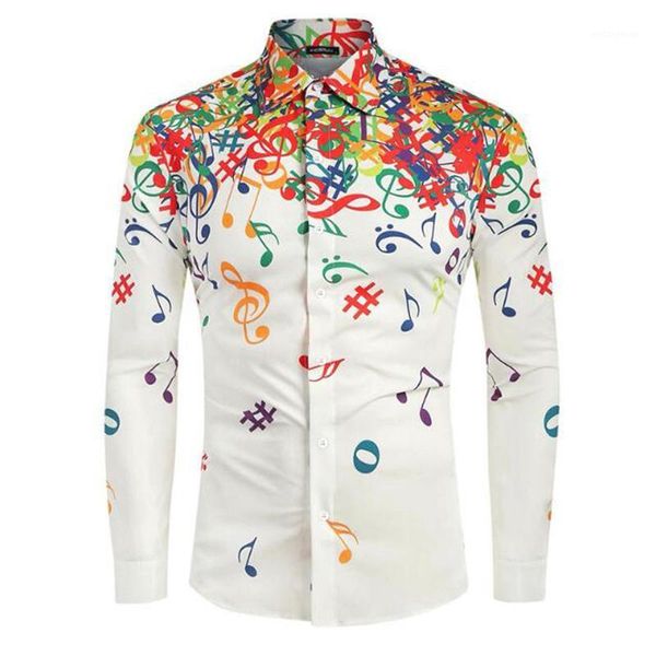 

white print musical notation luxury mens summer shirts casual hawaiian shirt long sleev men shirts slim fit long sleeve1, White;black