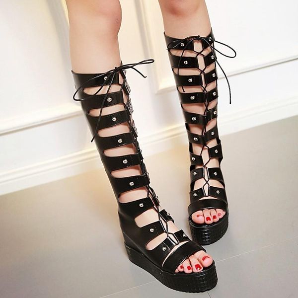 

boots chimizhai women shoes high heels summer height increasing knee woman rome spring my196, Black