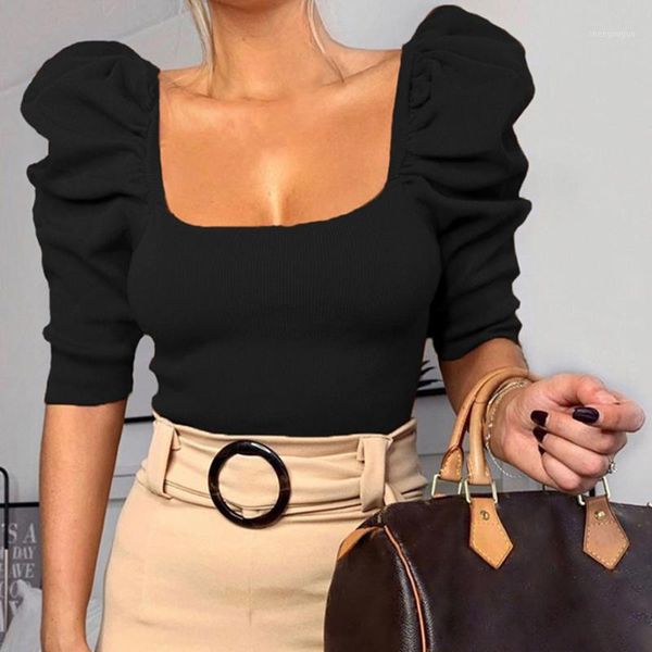 

vintage puff sleeve women blouse square neck korean style elegant white black slim crop blouse women1