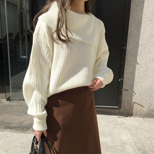 

2021 new autumn women winter sweaters minimalist pullovers mesh elegant vintage turndown jumpers sw8957 3hd4, White;black