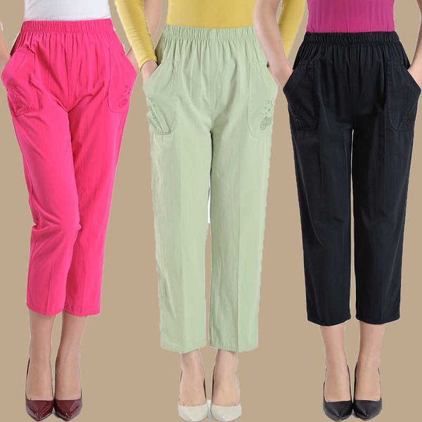 

woman spring plus size high elastic waist solid loose ankle-length pants female summer fall thin 100% cotton embroidery trousers y19070101, Black;white