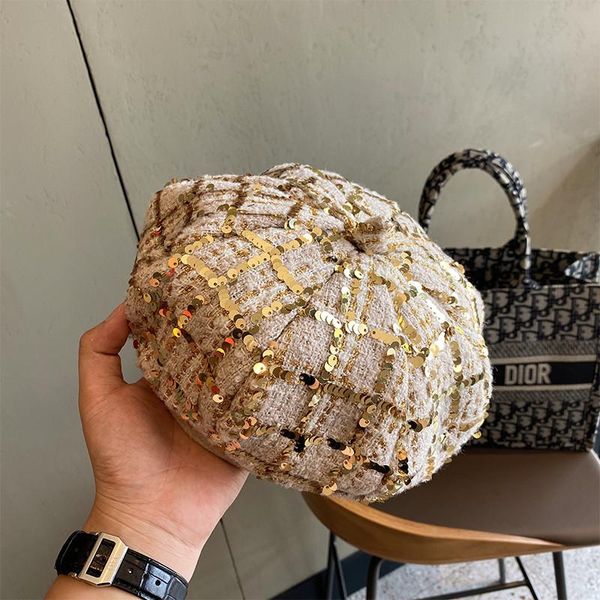 

berets 2021 spring women octagonal cap vintage sequined plaid beret for winter pillbox street sequins cotton blend, Blue;gray