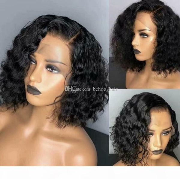 

silk base lace front human hair wigs for black women remy hair water wavy short bob silk wigs with baby hair, Black;brown
