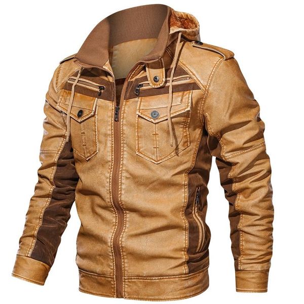 

men's leather jackets winter fleece thick mens hooded motorcycle pu coats male fashion outwear brand clothing j6t794, Black