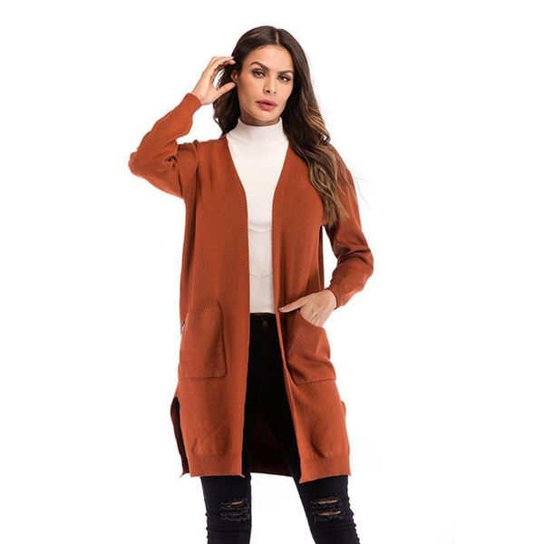 

yfashion female long section knit cardigan women coat solid color pocket thin knit sweater coats, Tan;black