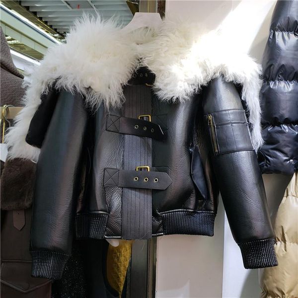 

leather fur coat for women 2020 autumn winter new short pu leather large lapel lamb wool warm jackets girls motorcycle coats, Black
