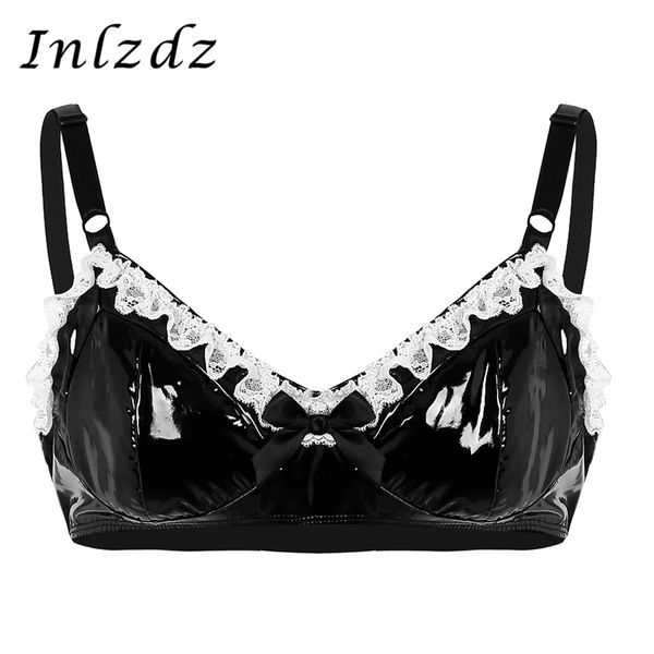 

mens lingerie sissy bra spaghetti straps wire-lace no pads exotic bra with bowknot wetlook leather gay bra top