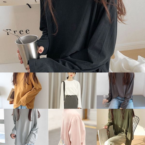 

корейские многоцветная t-shirtstyle свободные футболки для женщин осени 2020 новой длинного рукава футболки с круглым вырезом и хлопковой ос, White