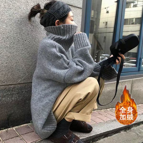 

new winter 2021 thick soft wool turtleneck women's sweater loose lazy wind jacket iaol, White;black