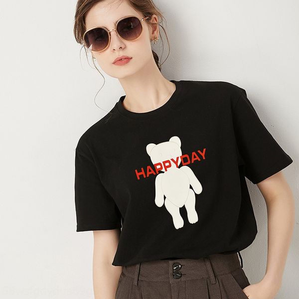 

хлопок короткий рукав футболки женщин 2020 летнее платье новый корейский рыхлый письмо медведь печати тенденция женской одежды футболки футб, White