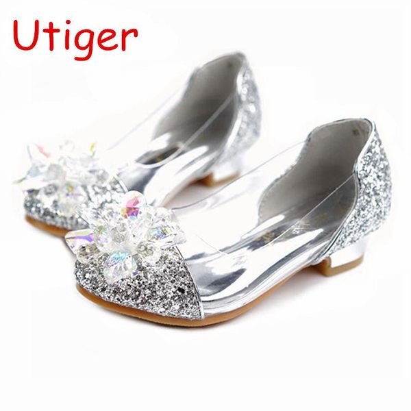 

flat shoes girls crystal princess kids low-heeled sequins sandal children high heel wedding party fashion diamond leather, Black;grey