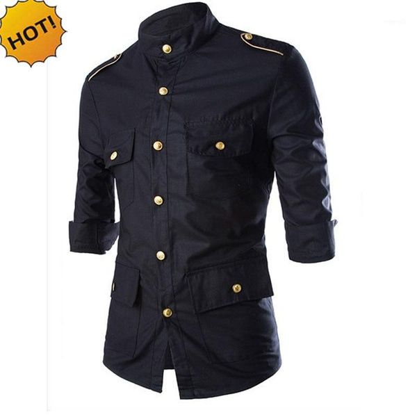 

wholesale 2018 fashion european american three quarter sleeve men's gold epaulettes decoration shirt gold buckle men's shirts1, White;black