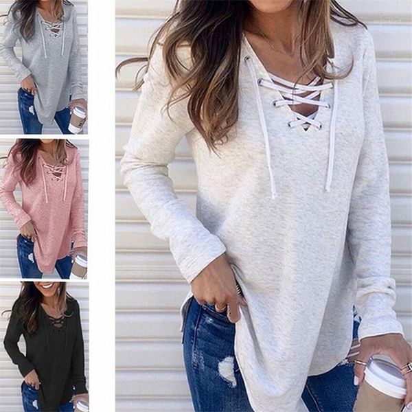 

new autumn women's long-sleeve t-shirt solid color v-neck tying loose outdoor casual fashion simple versatile ladies t-shirt1, White