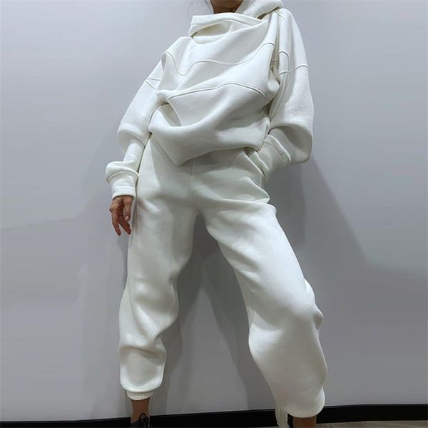 

casual women solid fleece two piece set oversized hoodie and high waist trouser tracksuits autumn winter female sports suit 220315, White